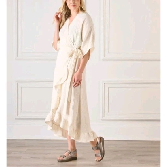 Hammacher Schlemmer UPF 30 Turkish Cotton Cover Up Wrap Dress Ecru Womens S/M - Picture 4 of 13